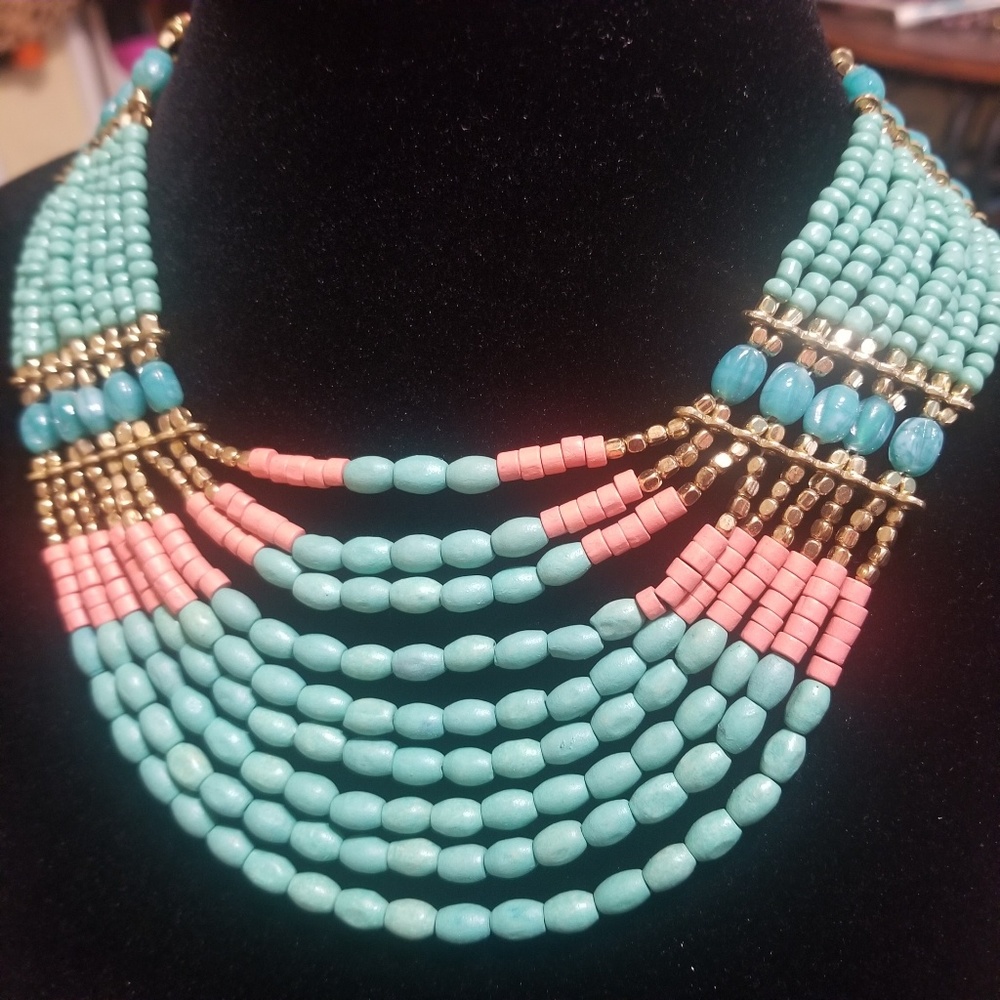 Decree - Coral and Torqoise layered bib necklace